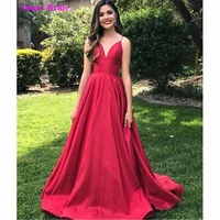 spaghetti strap red prom dresses long v neck backless formal party dress for women 2020 open back a line evening dress sts3