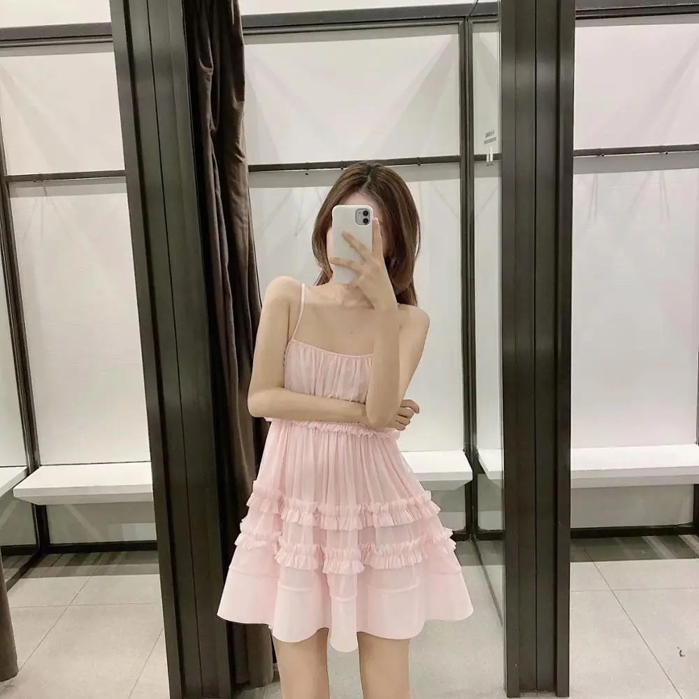 Новинка 2020 весеннее женское розовое однотонное платье выше колена на бретелях с