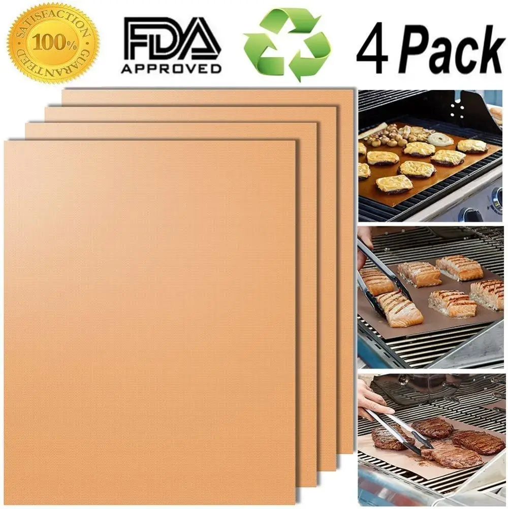 

Gold Grill Mat Set of 4 - 100% Non-stick BBQ Grill Mats - FDA-Approved, PFOA Free, Reusable and Easy to Clean - Works on Gas , C