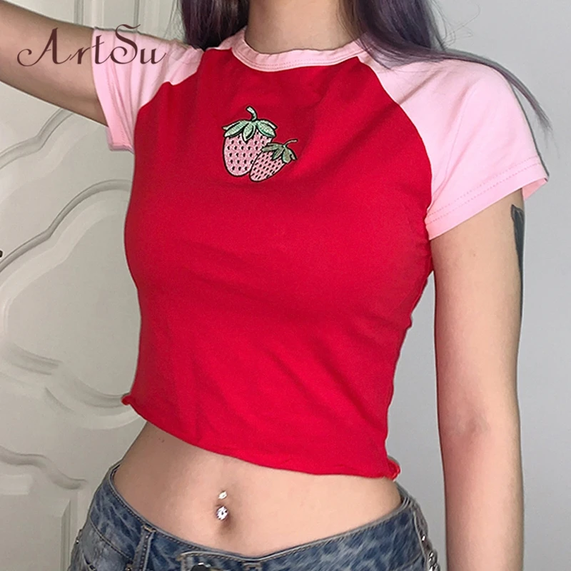 

Artsu Summer Cute Strawberry Print Casual Cotton Tshirts Women Summer Short Sleeve Crop T-shirt Streetwear Tee Shirt