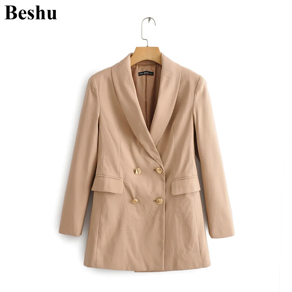 Модное пальто ZA для женщин базовый бежевый Блейзер двубортный с длинным рукавом