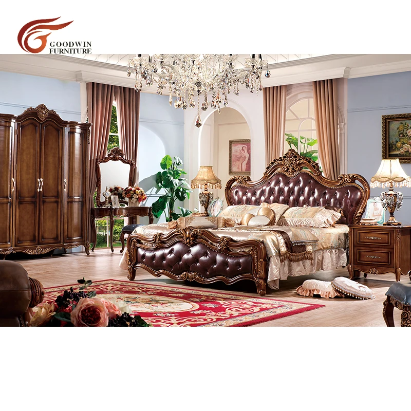 2019 Европейский коричневый роскошный стиль натуральная кожа кровать мебель для
