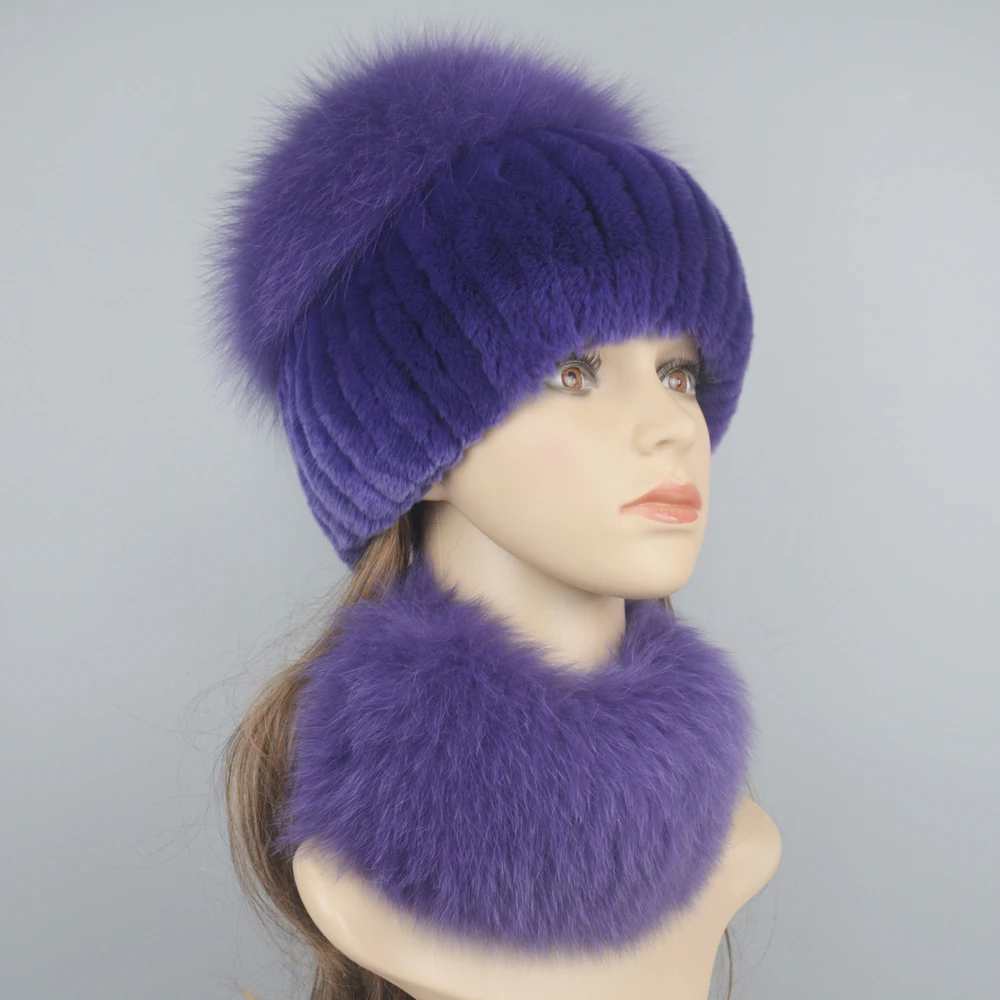 

New Women Winter Luxury Real Rex Rabbit Fur Hat Scarf 2 Pieces Knitted Rex Rabbit Fur Hat Top Natural Fox Fur Cap Scarves Sets