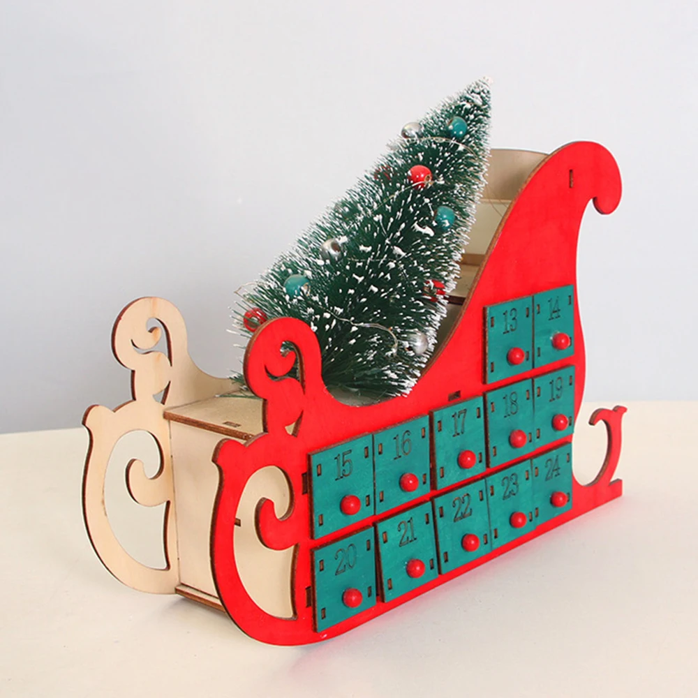 

Wooden Christmas Calendar Countdown Decorations Tree House Sleigh Christmas Party Decor 24 Drawers With LED Light