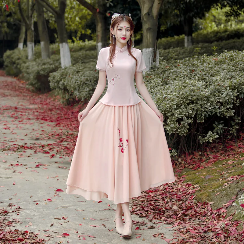 Китайский Стиль с вышитыми цветами женские костюм ханьфу юбка Cheongsam комплект из 2