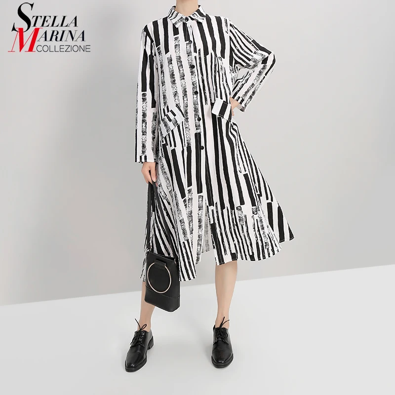 Новое черное Полосатое платье рубашка с длинным рукавом 2019 прямое женское