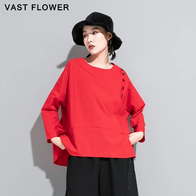 

Женская футболка на пуговицах, красная Свободная Повседневная футболка составного кроя с круглым вырезом и длинным рукавом, весна-осень 2021