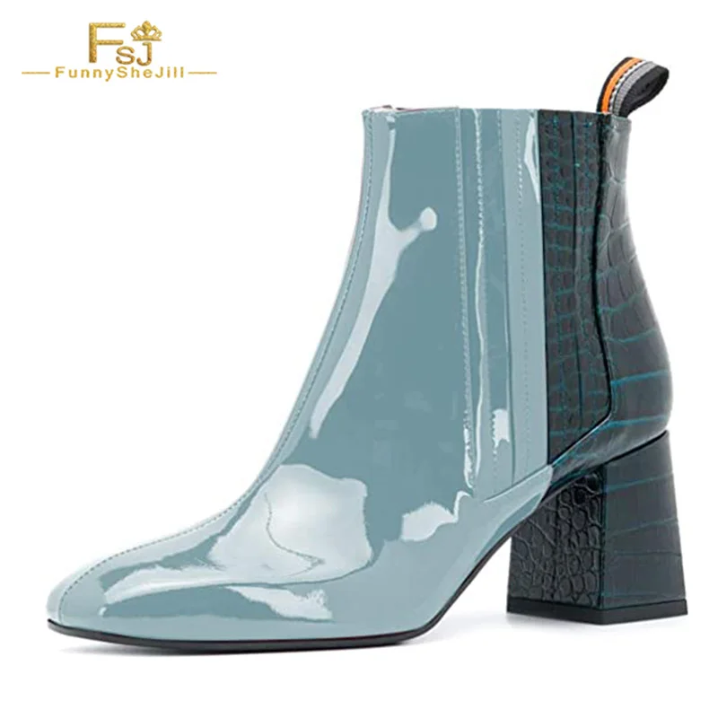 

FSJ Women Two-Toned Crocodile Mid Chunky Heel Chelsea Ankle Boots Patchwork Square Toe Slip On Patent Leather Botas 2021 Winter