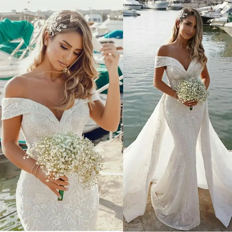 

Modest Mermaid Lace Wedding Dress 2021 robe de mariée Detachable Train Off The Shoulder Wedding Gowns Summer Dresses For Women