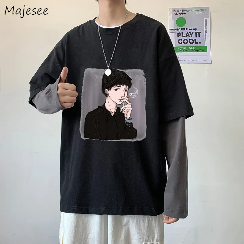 

Осенние футболки мужские куртки с капюшоном и принтом Harajuku BF поддельные из двух частей с длинными рукавами черная футболка в винтажном стил...