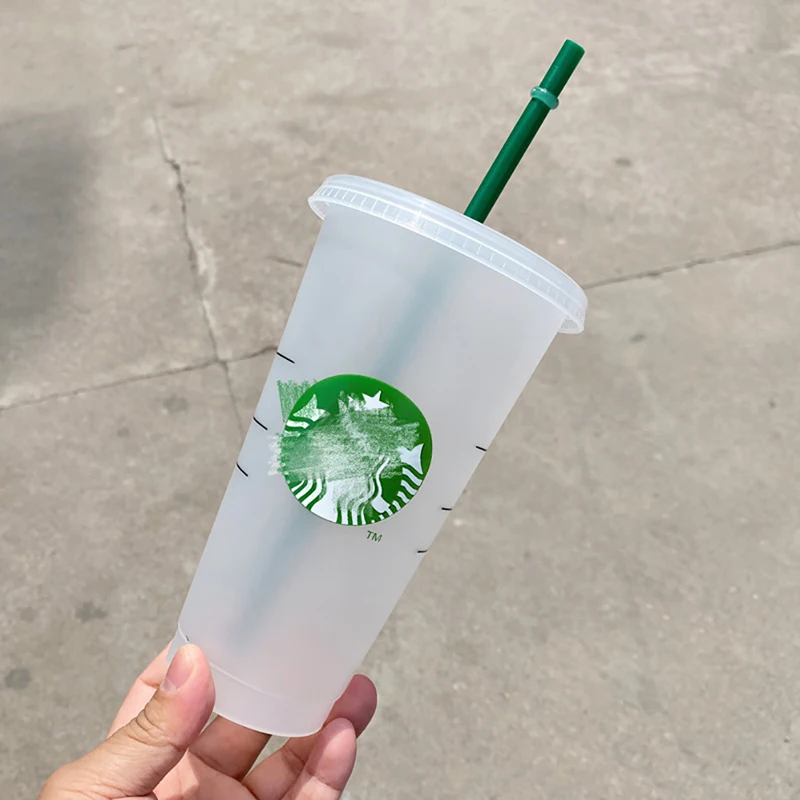

700ml Stro Cup With Cover Trademark Coffee Cup Reusable Cup Plastic Coaster Finishing Coffee Colorful Cup Set