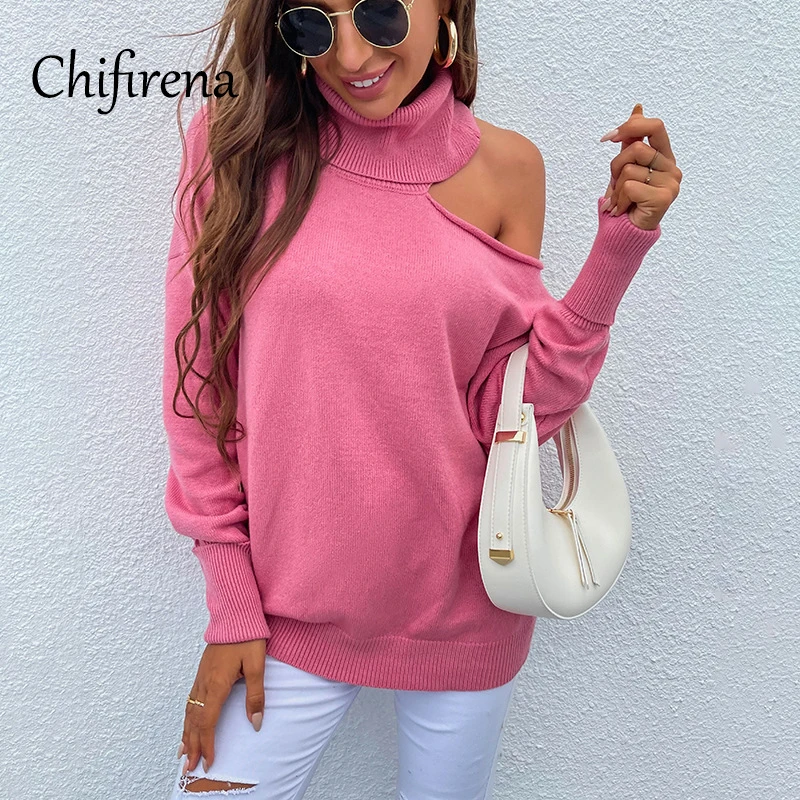 

Chifirena Long Sleeve Cold Shoulder Women Sweaters Loose Jumper Pull Knitted Woman Oversized Turtleneck Winter Sweaters Ladies