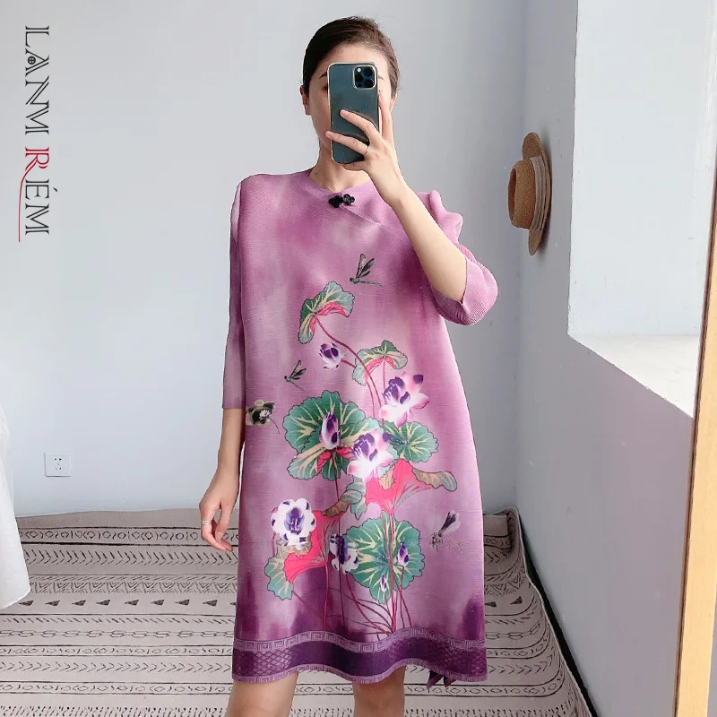 

LANMREM Retro Printing Dress Women's Loose Round Neck 2021 Autumn New Style Short Length Dresses Female Clothing 2C457