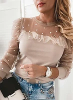 fashion sexy round neck lace wave dot long sleeve lace top shop new arrival