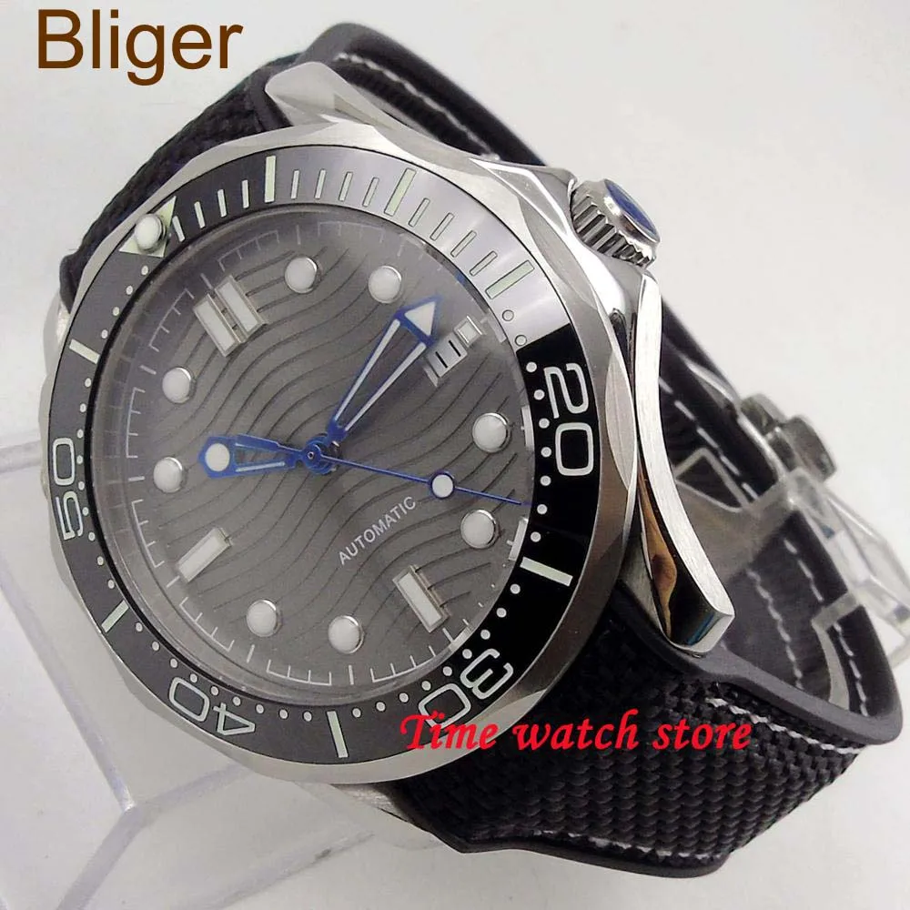 

Bliger 41mm Miyota 8215 watch men waterproof grey dial canvas rubber date luminous Ceramic Bezel sapphire glass