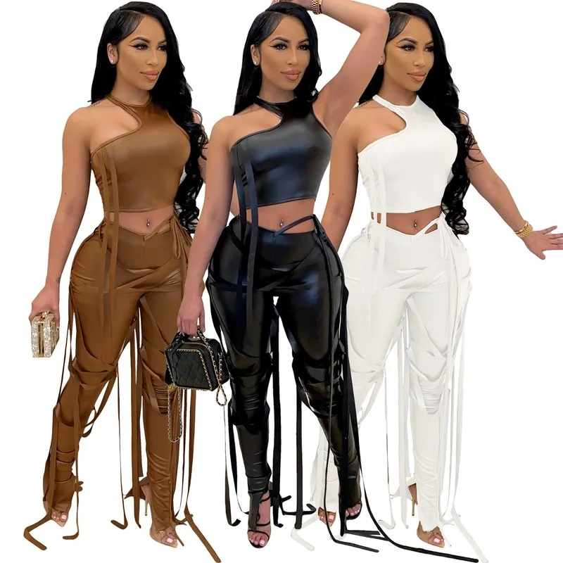 

Faux PU Pants Pencil Trousers Two Piece Set Women Sexy Ribbons Slim Tight Pant High Waist Streetwear Casual Night Club Outfits