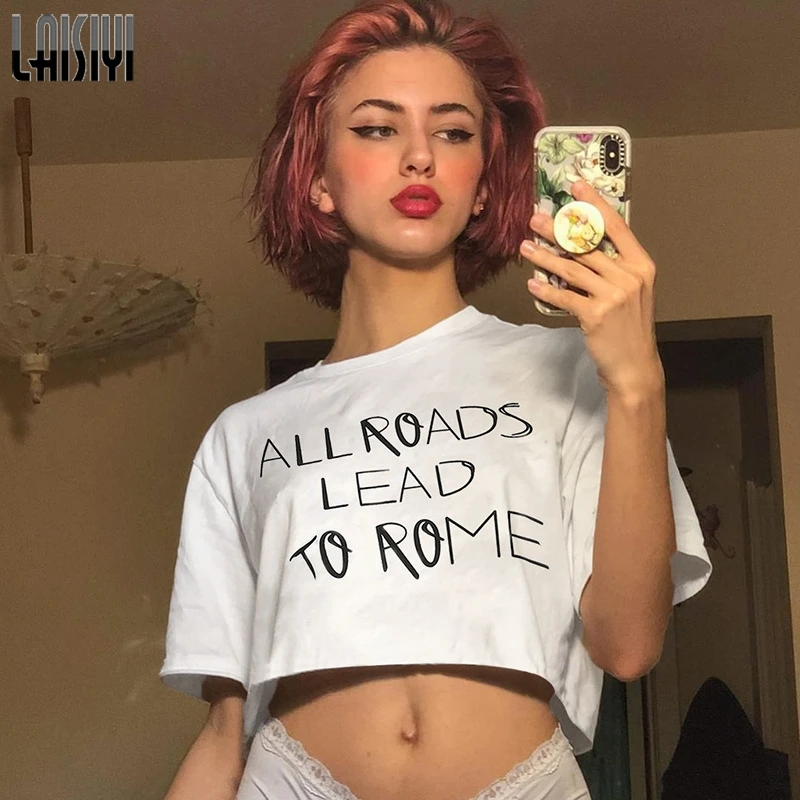 

2021 Crew Neck Short Sleeve Letters Print Simple Daily Tees Casual Loose White Woman T Shirts For Summer Navel Tops Streetwear