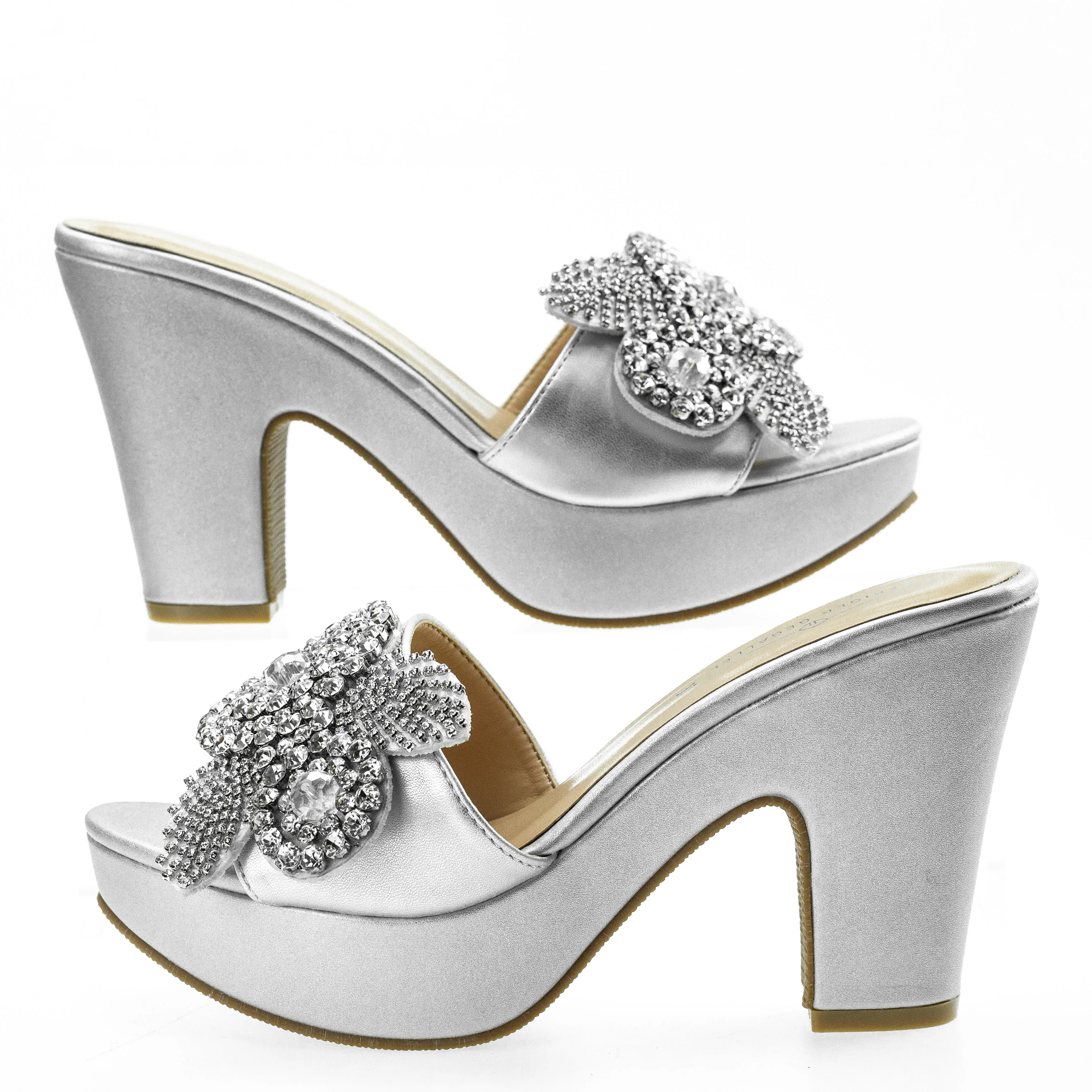 Floral Decor Chunky Women Mules Sandals Silvery Ladies Platform Shoes 6245-34 Plus Size 41 42 Party Dress Pumps Sqaure Heel Shoe