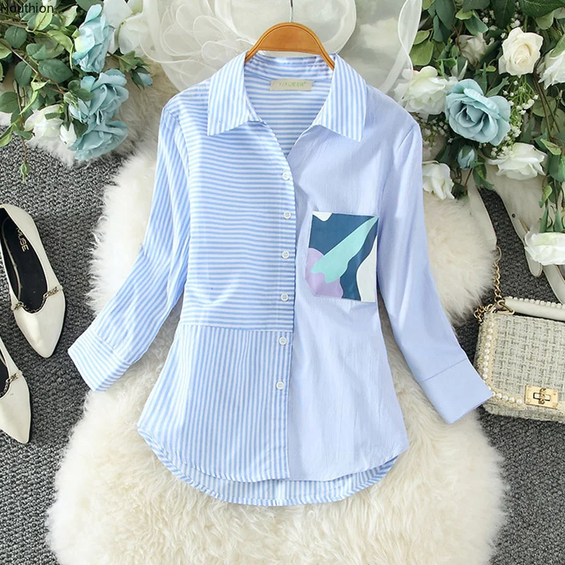 

Houthion New Long-sleeved Women's Blouse Patchwork Top Lapel Slim Comfortable Fashion Blouses Casual Summer Korean Shirt
