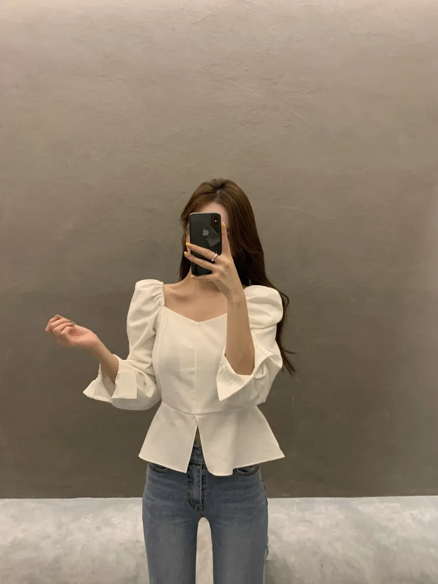 

Korean Chic Early Spring Vintage Court Style Square Collar off-Shoulder Short Top Slimming High Waist Fashionable Long Sleeve