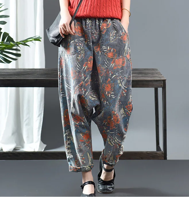 Spring Denim Jeans Women Retro Print Patchwork Sanding Wide Loose Washed Female Full-Length Cross-pants Vintage Tide Fahsion |