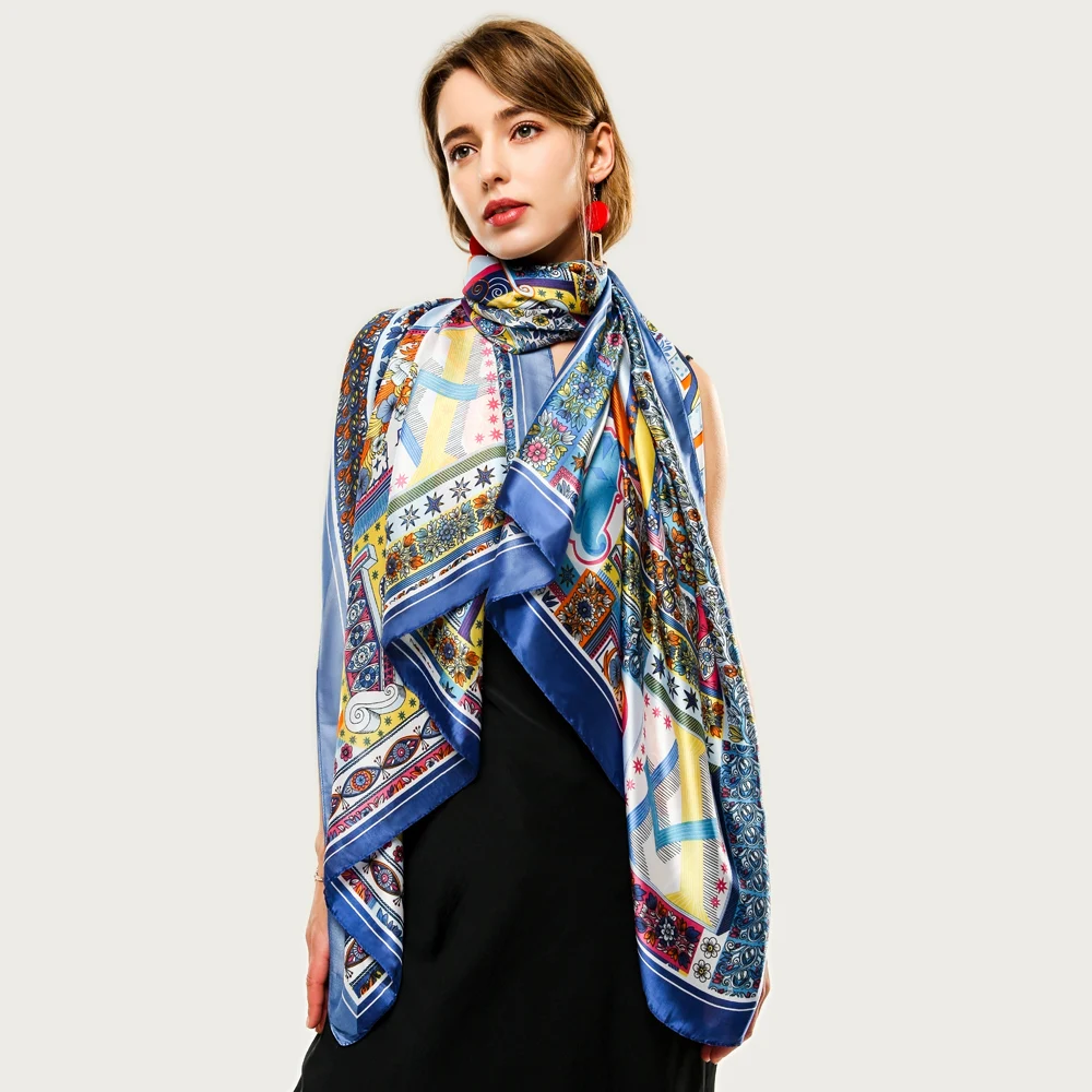 Роскошный шелковый шарф с рисунком дизайнерский винтажный яркий принтом платок