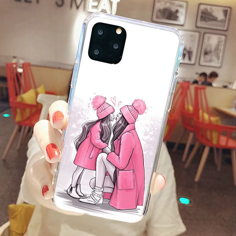 Black Brown Hair Baby Mom Girl Son Phone Cover for IPhone 11 12 Pro Max X XS XR 7 6S 8 Plus 5S SE2 12mini Soft Clear Case Funda