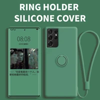luxury magnetic ring holder liquid silicone case for samsung galaxy s21 ultra plus note 20 soft shockproof cover with lanyard