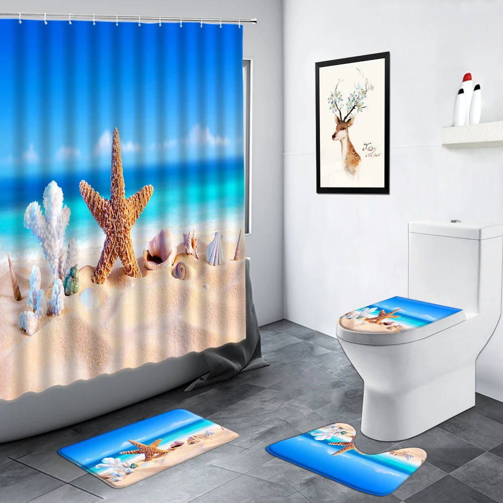 

White Shell Shower Curtain Set Bathroom Carpet Beach Pearl Conch Starfish Scenery Decor Non-slip Rugs Toilet Lid Cover Bath Mats