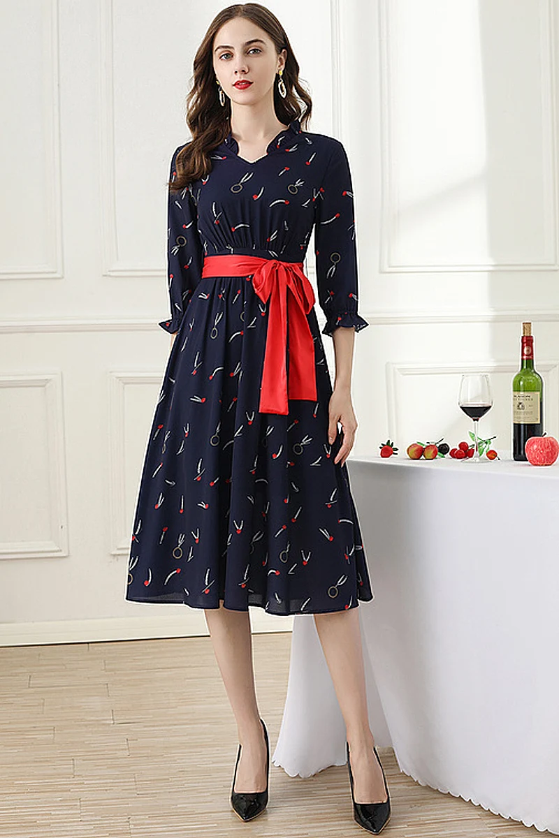 

2020 Autumn New Women'S Fashion Party Casual Vacation Vintage Elegant Chic Gentlewoman Belt Printed Midi Dress