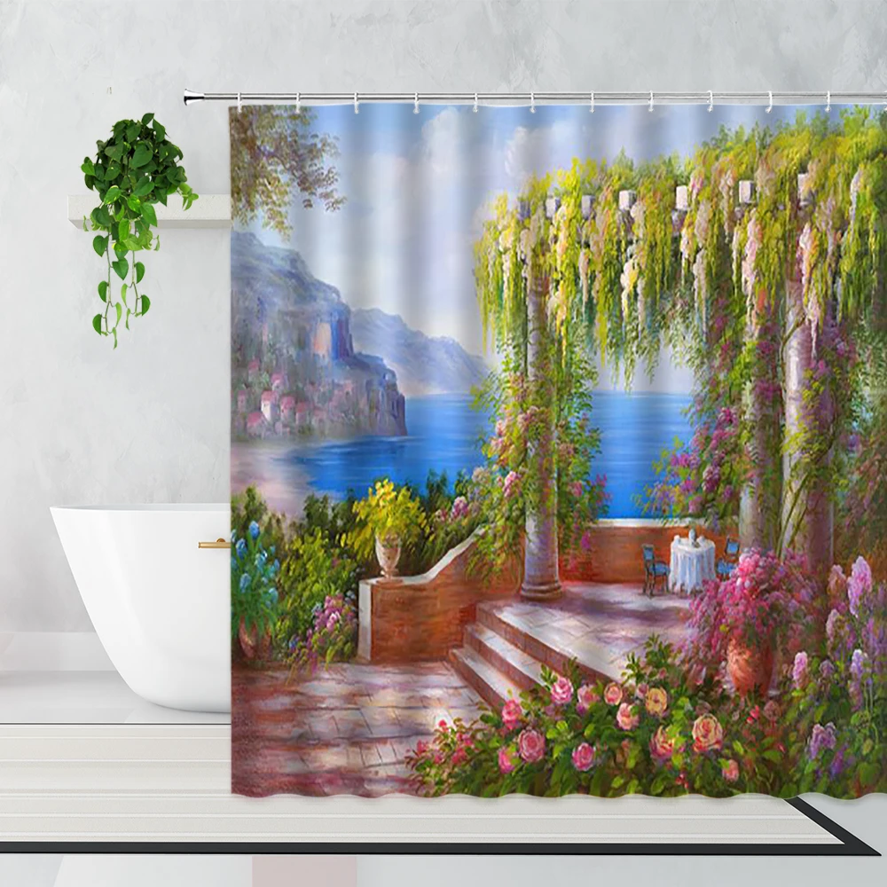 

Pastoral Scenery Flower Shower Curtain Dream Forest Plant Home Decor Background Waterproof Bath Curtain With Hook Bathtub Screen