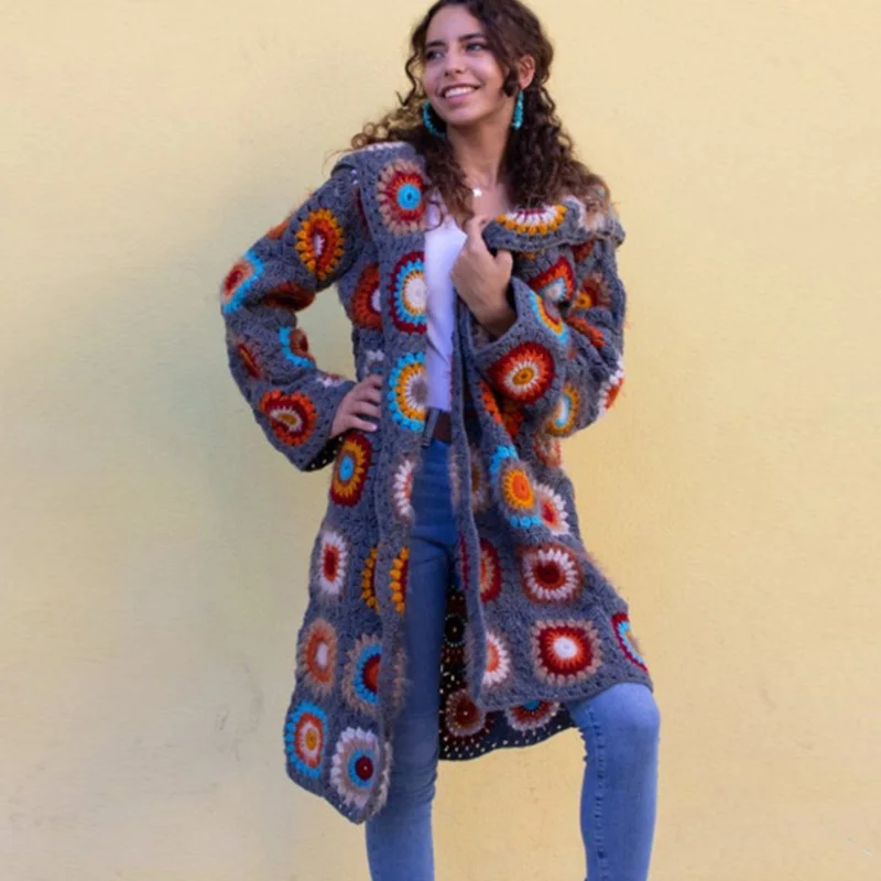 

Elegant Women Loose Warm Knit Sweaters Coat Female Fashion Hooded Open Stitch Coat Fashion Vintage Pattern Long Cardigan Sweater