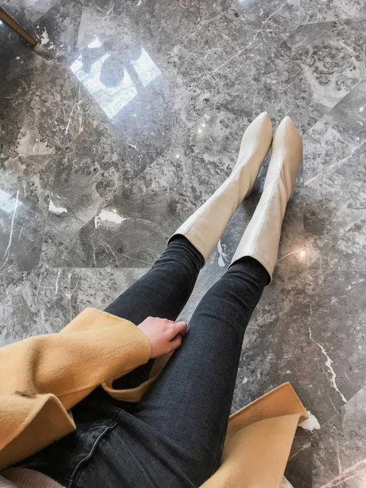 ZawsThia winter autumn yellow purple pink woman boots pointed toe low square heels mid-calf boots for women big size 34-48