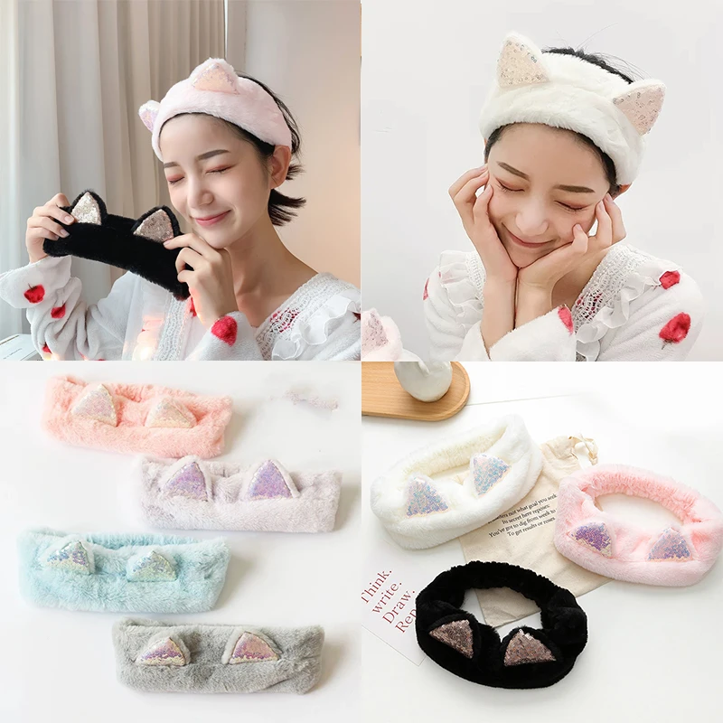 

Модная плюшевая повязка на голову с блестками и кошачьими ушками, Женская повязка для волос из искусственного меха, повязка для волос для мы...