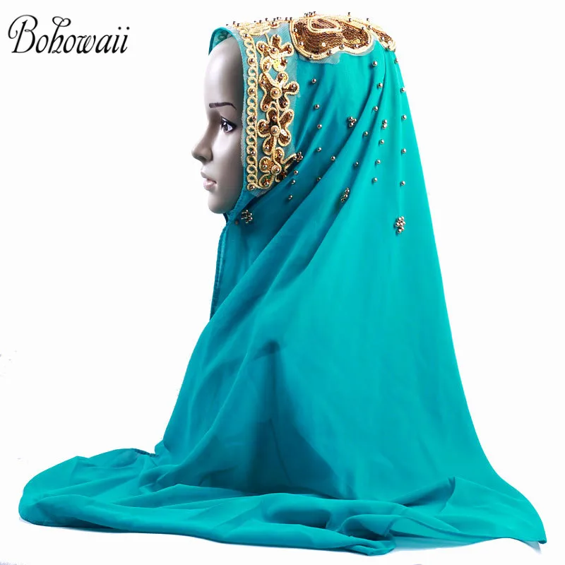 

BOHOWAII Muslim New Fashion Abaya Bride Hijab Scarf with Bead Chiffon Turban Femme Head Wrap Long Chusta Na Glowe