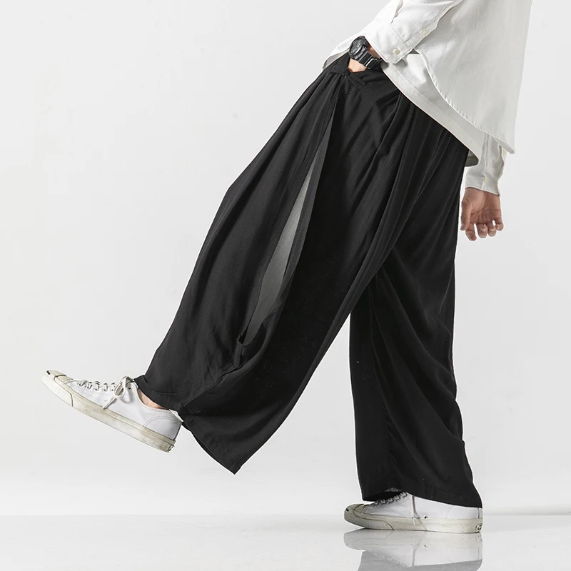 Брюки мужские льняные с широкими штанинами уличная одежда в стиле Харадзюку