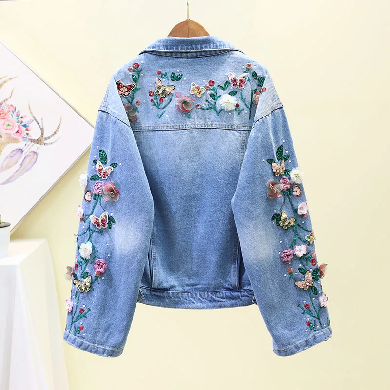 Куртка женская джинсовая с 3D вышивкой бусинами и жемчугом длинным рукавом пальто