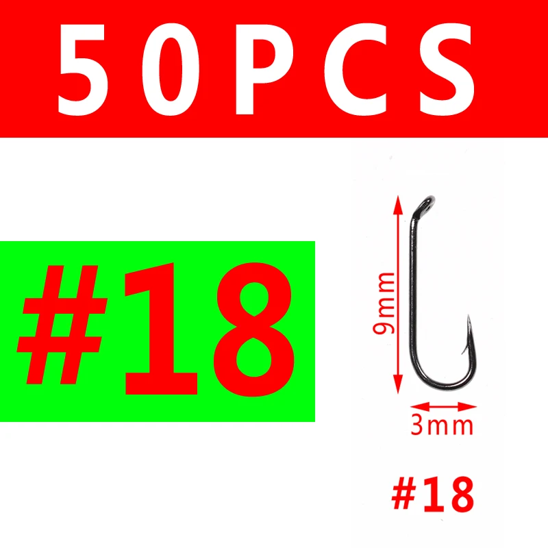 50PCS Size 18 Bimoo 50 шт. Fly Fishing Сухой Fly Hook 2X Стандартный Провод Nymph Hook Черный никель отделка для завязывания мух материал размеры 14 16 18 20 22 - Цвет: 50PCS Size 18