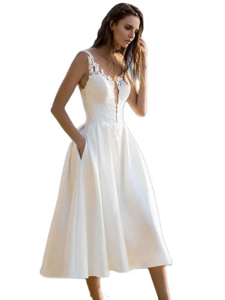 

Elegant White Lace Spaghetti Strap Midi Dress Summer Sexy Sleeveless V Neck Beach Dresses Women Party Vestidos