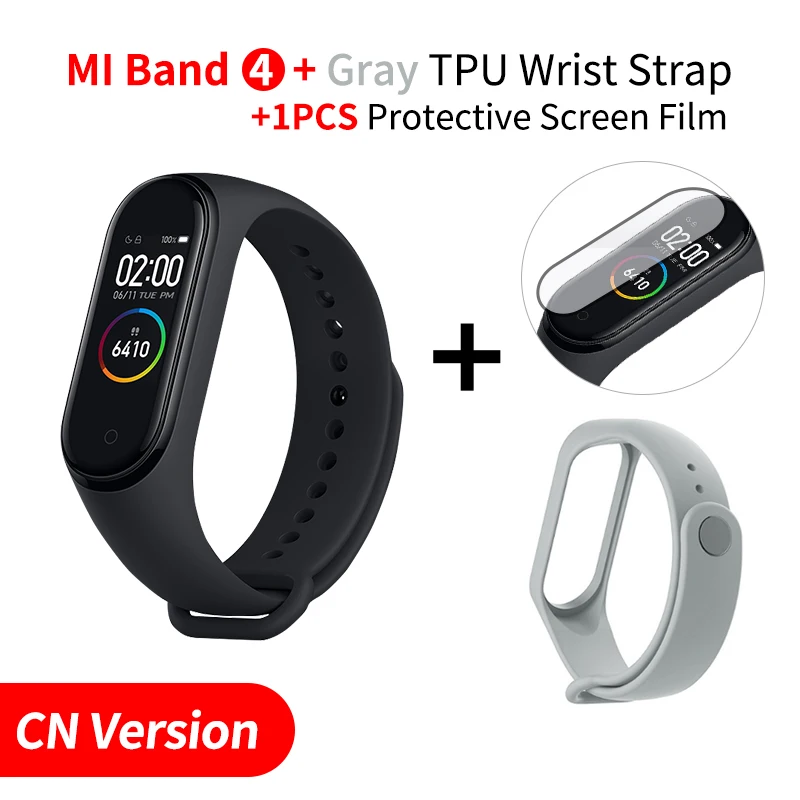 Add Grey Strap Xiaomi Mi браслет, 4 браслета, монитор сердечного ритма, фитнес-трекер, полноцветный AMOLED сенсорный дисплей, Bluetooth 5,0, водонепроницаемый - Цвет: Add Grey Strap