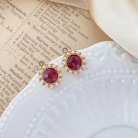 red zircon imitation pearl stud earrings luxury stone wedding stud earrings round creativity gold ear piercing jewelry for woman