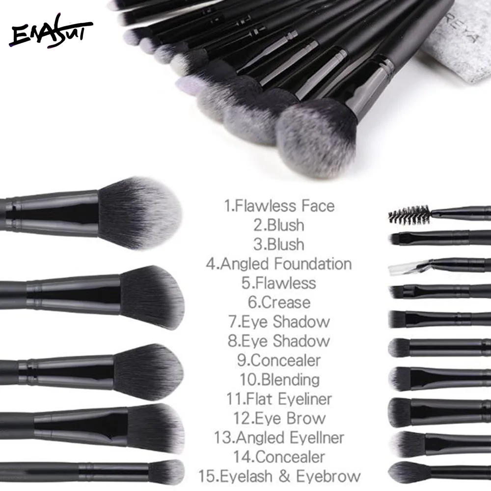 Enasui 15 pcs/set Black Makeup Brushes Professional Facial Blush Foundation Blending Contour Powder Brush Cosmetics |