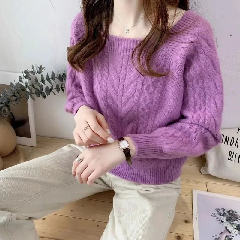 

Autumn Women Square Collar Solid Twist Knitted Pullover Sweater Korean Style Knitwear Tops Female Long Sleeve Basic Jumper