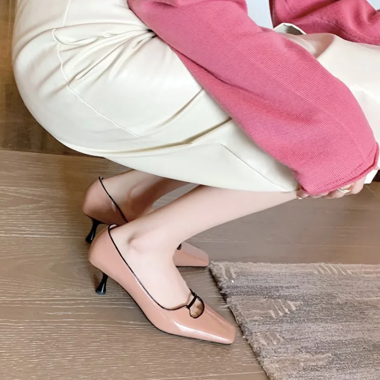 

MLJUESE 2021 Women Pumps Soft Cow leather Autumn Spring Slip on Thin heel Black color Square toe female High heels pumps