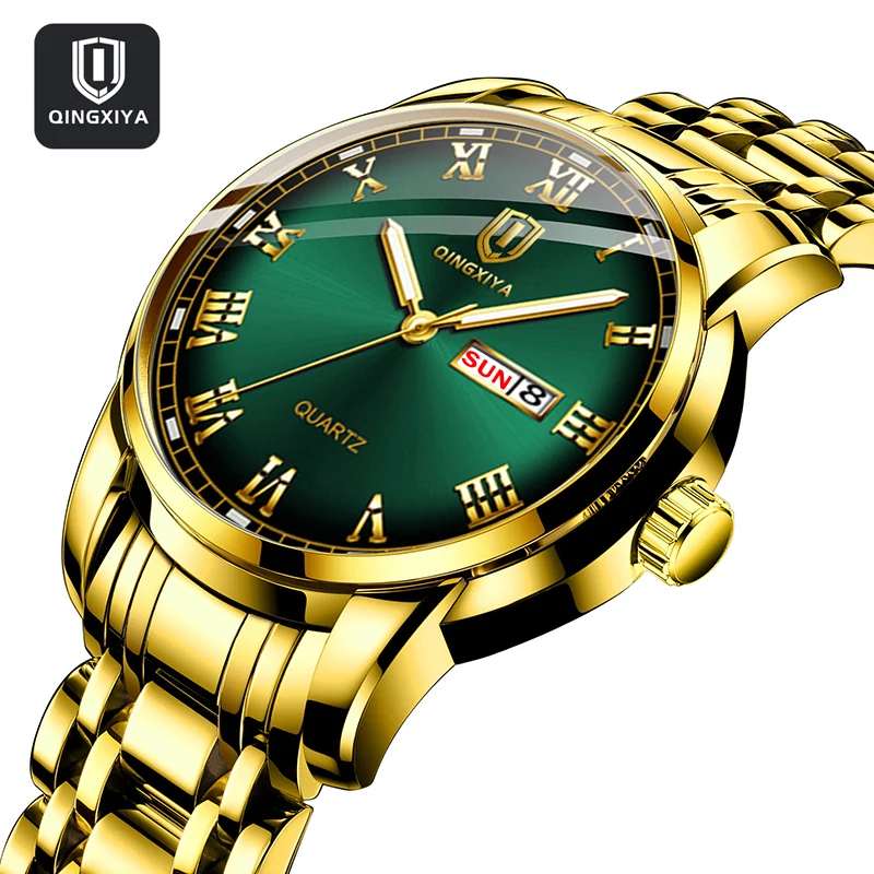 

QINGXIYA New Fashion Quartz Watch Mens Stainless Steel Luminous Waterproof Week Calendar Men Watches Top Brand Luxury Gold Clock