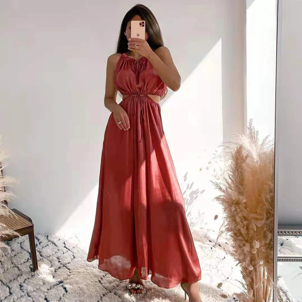 

Женское атласное платье с вырезом, длинные плиссированные вечерние ничные платья миди без рукавов, винтажные шикарные платья с рюшами, лето...