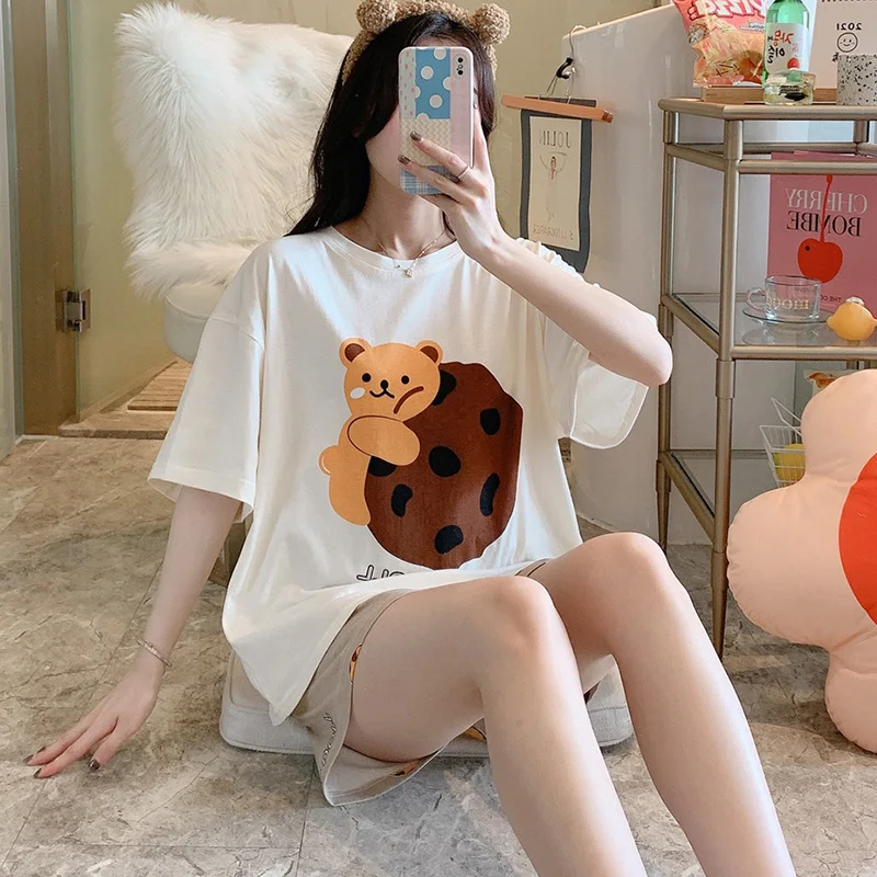 Biscuit Bear Pajamas Womens Summer Korean Style Short Sleeve Cotton Fresh Set Spring Autumn Thin Plus and Extra Size
