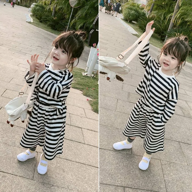 

2021 Spring Autumn New Girls Clothing Set Korean Fashion Children Girl Long Sleeve T-shirt+Striped Wide-leg Pants Baby 2Pcs Suit