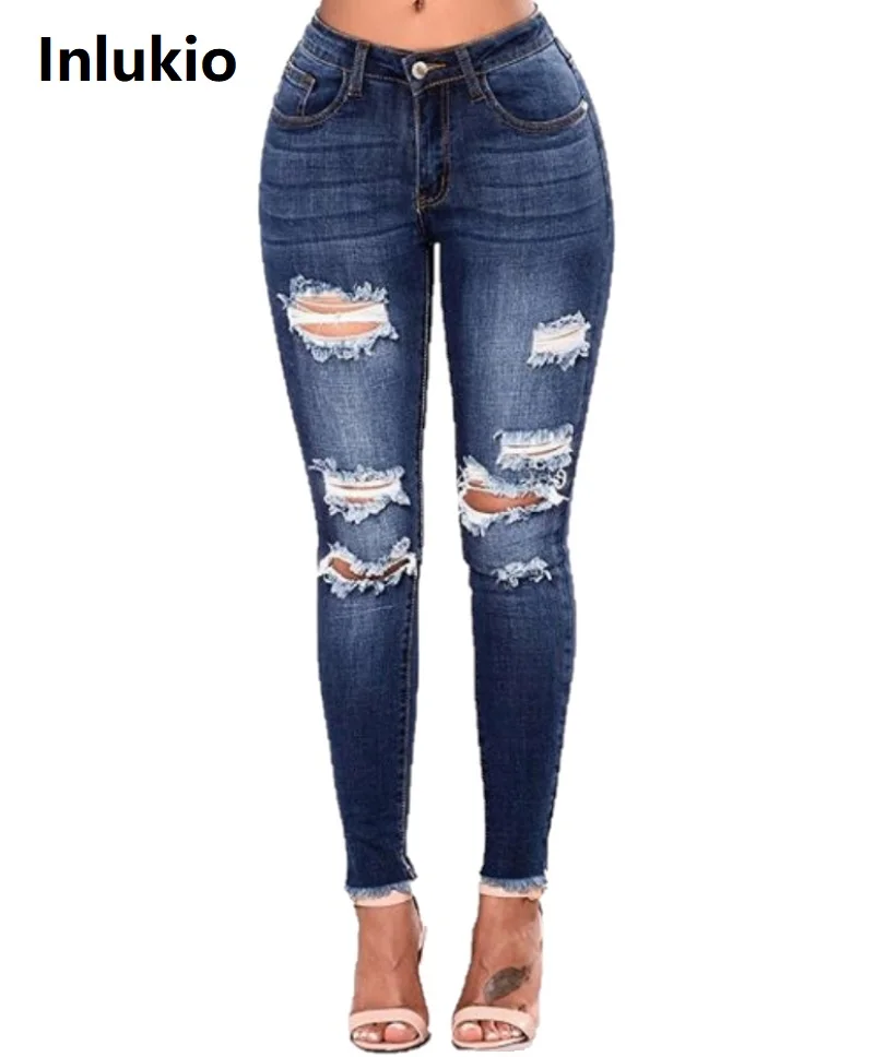 

Women's high waist jeans womens hip up skinny broken blue pants ladies street cool slim denim trousers female clothes