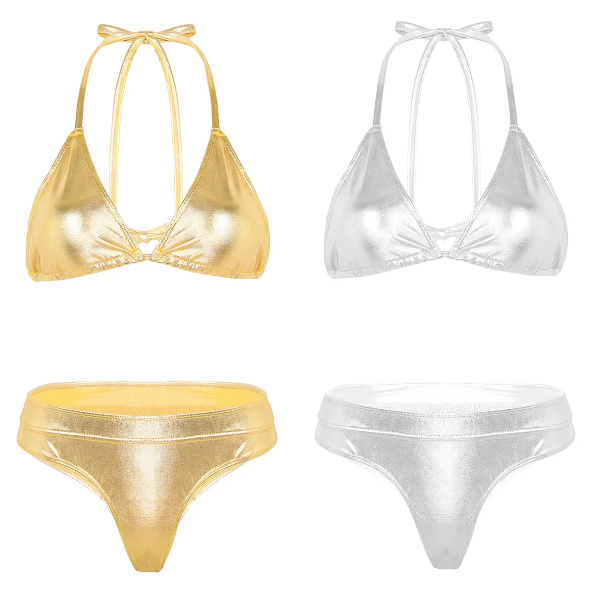 Women Sexy Shiny Metallic Swimsuit 2 Piece Triangle Bikini Set Halter Neck Top with Mid-rise Thongs Swimwear Bathing Suit |
